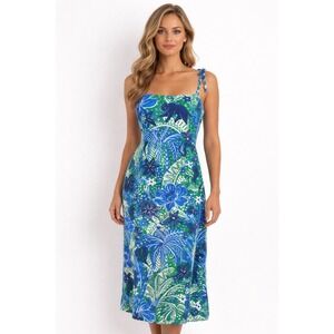 RACHEL ZOE Tropical Floral Panther‎ Smocked Midi Dress Women Size L